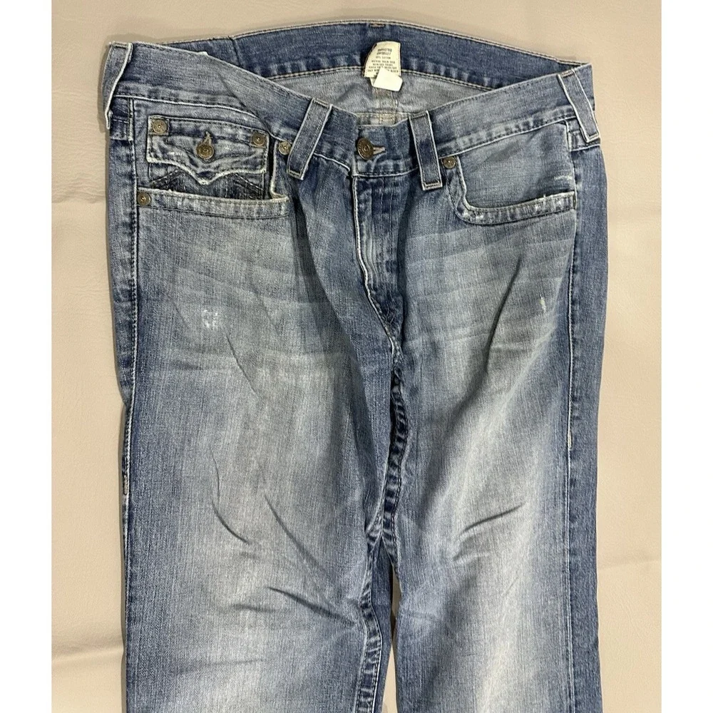 True Religion Mens Blue Jeans Size 38 x 32 Thick Stitch Flap Pockets